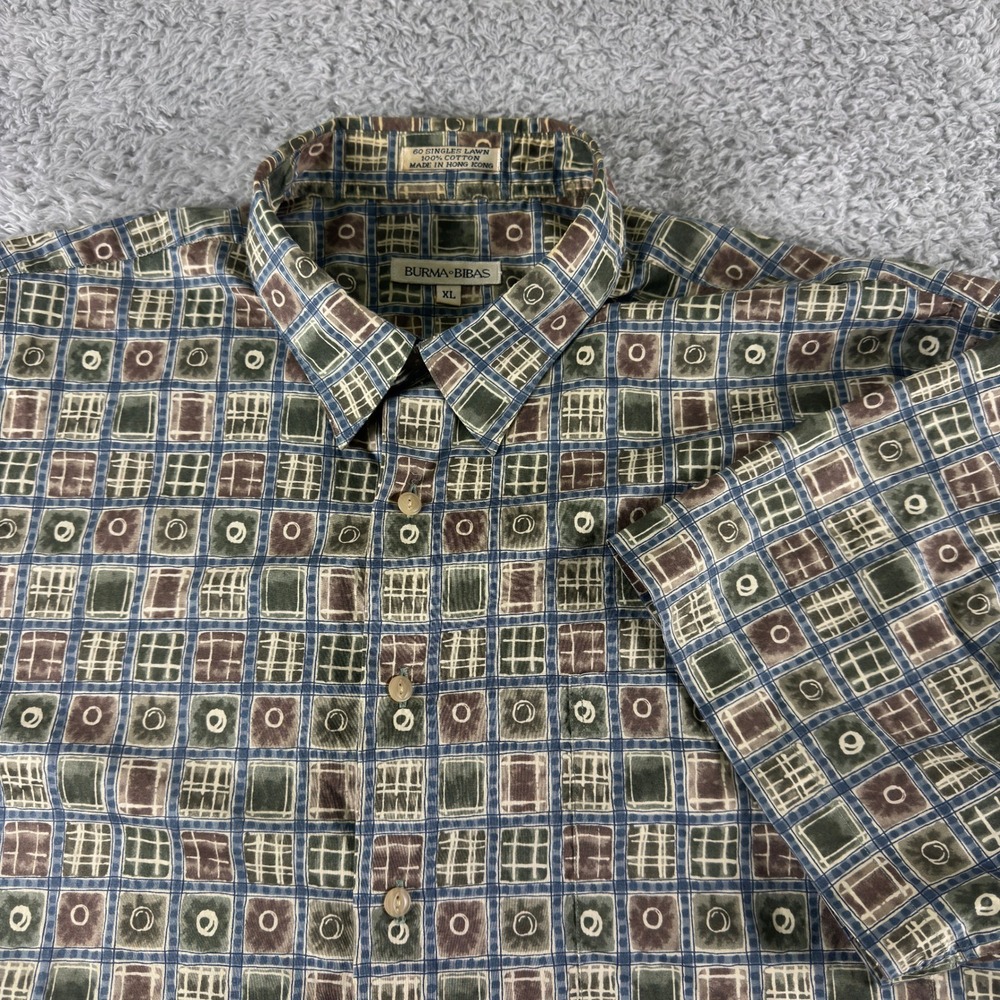 Burma Bibas Mens XL Short Sleeve Button Down Shirt Cotton Lawn Geometric Green